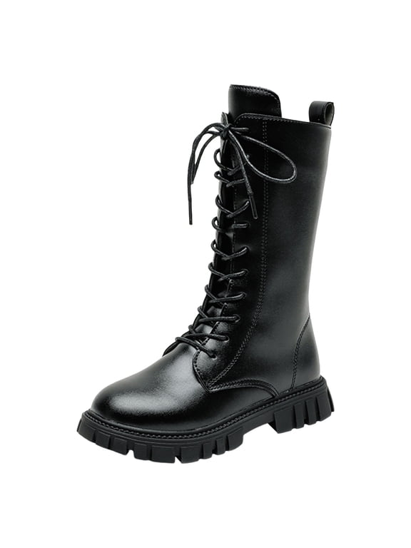 Girls Mid Calf Boots Fall Winter PU Leather Lace Up Combat Boots for Kids Lace Up Side Zipper Punk Booties Black for Size 1.5