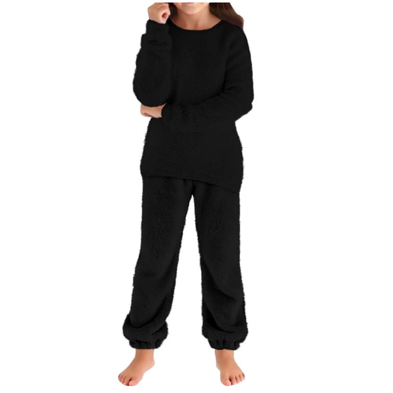 newwalpole Girls Pants Sets Two Pieces Kids Comfy Lightweight Long Sleeve Fleece Sets with Pockets Black for Size 7-8 Years