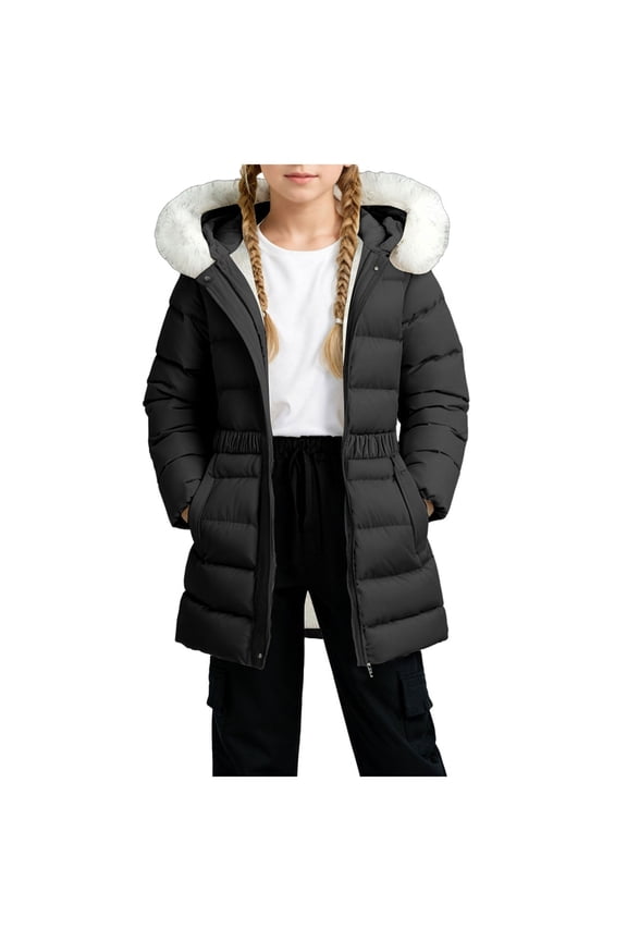 Girls' Puffer Coat with Hood,Kid's Waterproof Winter Jacket Snow Outwear Parka Fleece Insulated Black for Size 11-12 Years