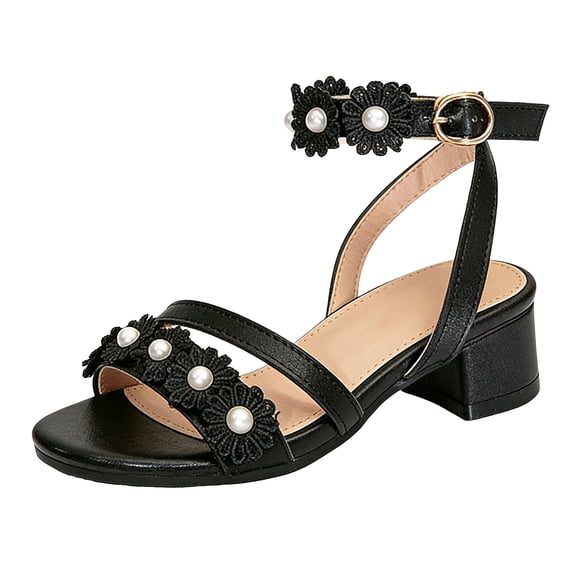 newwalpole Girls Sandals Flower Low Heels Open Toe Summer Dress Shoes for Toddler Little Big Kid Black for Size 3.5