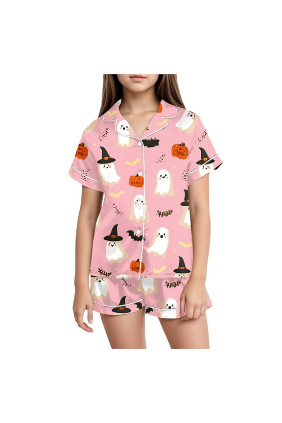 Girls Satin Pajama Set Halloween Pumpkin Ghost Print Shirts And Shorts Short Sleeve Button Down Soft 2 Piece Outfits Light Pink for Size 4-5 Years