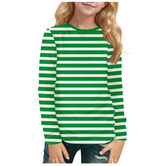 newwalpole Girls Striped Long Sleeve Shirts Drop Shoulder Casual Fashionable Crewneck Blouse Tee Tops Green for Size 13-14 Years