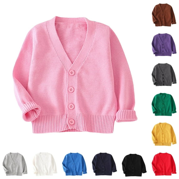 newwalpole Girls Sweater Cardigan - Cotton Knit Crew Neck Long Sleeve, Warm Solid Color for Kids Purple for Size 1-2 Years