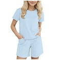 thumbnail image 1 of newwalpole Girls Two Piece Sets Short Sleeve Tshirts and Drawstring Shorts With Pockets Summer Outfits Light Blue for Size 12-24 Months, 1 of 7