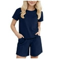 thumbnail image 1 of newwalpole Girls Two Piece Sets Short Sleeve Tshirts and Drawstring Shorts With Pockets Summer Outfits Navy for Size 6-7 Years, 1 of 7