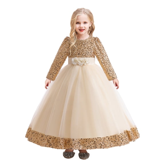 newwalpole Girls Velvet Christmas Dress for Girls Long Sleeve Velvet Sequin Tutu Winter Party Holiday Dress Yellow for Size 7-8 Years