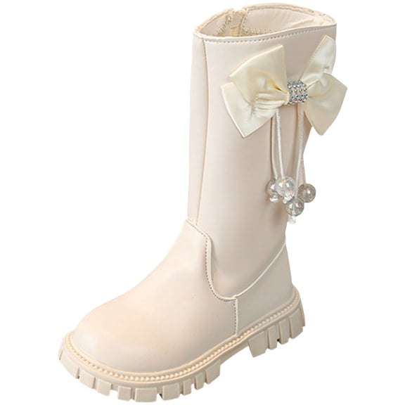 newwalpole Girls White Combat Boots Mid Calf Lace Up Riding Boots PU Leather Side Zipper Punk Goth Boots for Kids Beige for Size 3.5