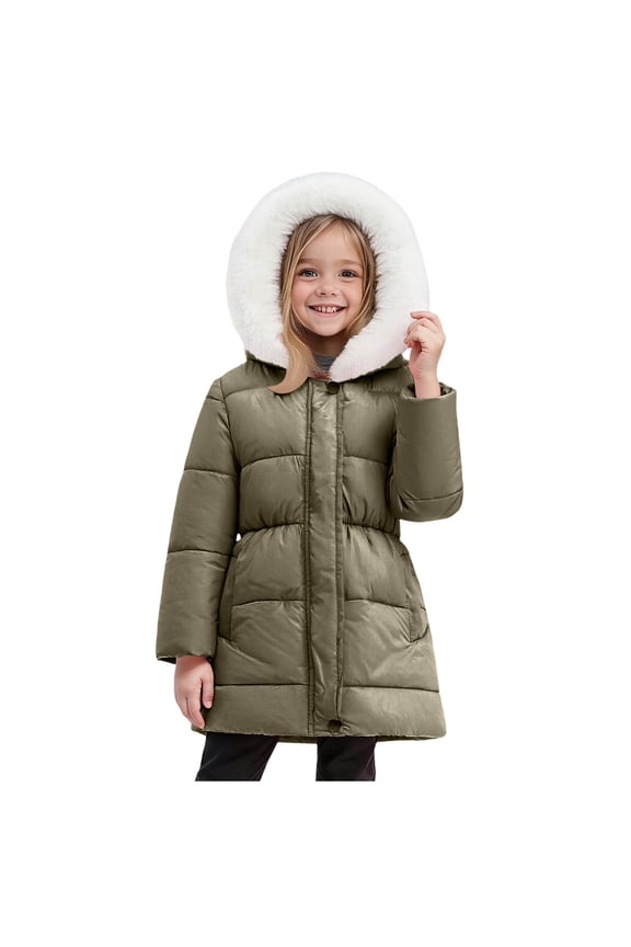 Girls Winter Coats Hooded Sherpa Lined Lightweight Jacket Thick Warm Puffy Waterproof Windproof Cotton Shiny Jackets Amry Green for Size 3-4 Years