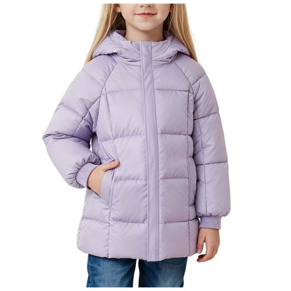 newwalpole Girls Winter Long Puffer Lightweight Coat Thick Padded Soft Fleece Jacket with Hood Purple for Size 7-8 Years