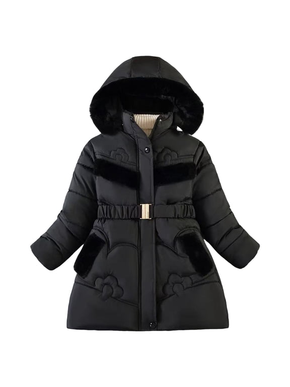 Girls' Winter Puffer Jacket Thickened Overcoat Winter Coat with Fuzzy Lined Hood Waterproof Heavy Parka Warm Black for Size 9-10 Years