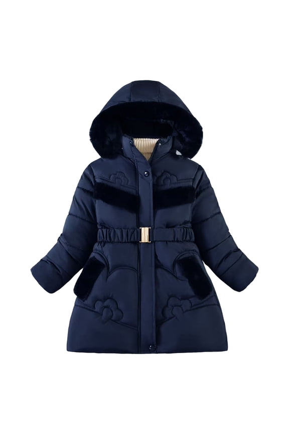 Girls' Winter Puffer Jacket Thickened Overcoat Winter Coat with Fuzzy Lined Hood Waterproof Heavy Parka Warm Navy for Size 3-4 Years