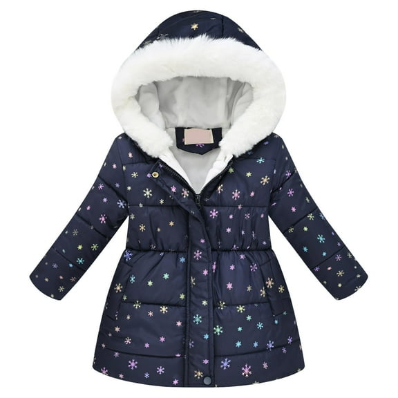 newwalpole Girls' Winter Warm Coat Fleece Lined Long Jacket With Detachable Fuzzy Hood Navy for Size 4-5 Years