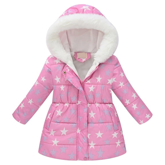 newwalpole Girls' Winter Warm Coat Fleece Lined Long Jacket With Detachable Fuzzy Hood Pink for Size 5-6 Years