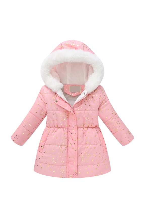 Girls' Winter Warm Coat Fleece Lined Long Jacket With Detachable Fuzzy Hood Rose Gold for Size 7-8 Years