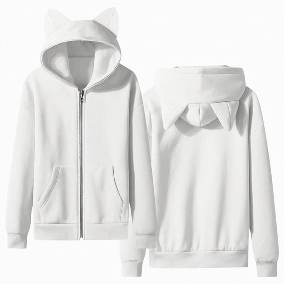newwalpole Girls Zip up Hoodie Cute Long Sleeve Cat Jacket Kids Kitten Ear Hooded Sweatshirt with Pocket Teens Fall Clothes(White,7-8 Years)