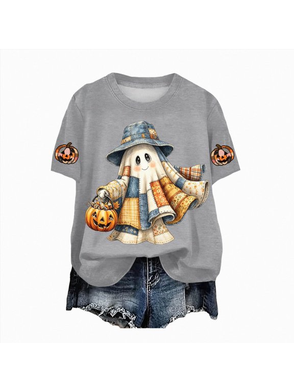Halloween Shirts for Women Funny Ghost Graphic Print Pumpkin Tee Tops(Grey,4XL)