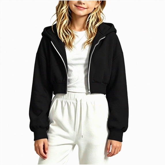 newwalpole Hoodies for Teen Girls Zip up Long Sleeve Cropped Hooded Kids Sweatshirts | cute preppy youth trendy fashion back to school(Black,9-10 Years)