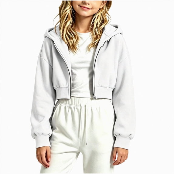 newwalpole Hoodies for Teen Girls Zip up Long Sleeve Cropped Hooded Kids Sweatshirts | cute preppy youth trendy fashion back to school(White,14-15 Years)