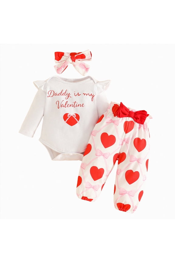 Baby Girl Valentines Day Outfit My First Valentine Romper Onesie Hearts Print Pants Headband Newborn Clothes Set (Red, 6-12 Months)