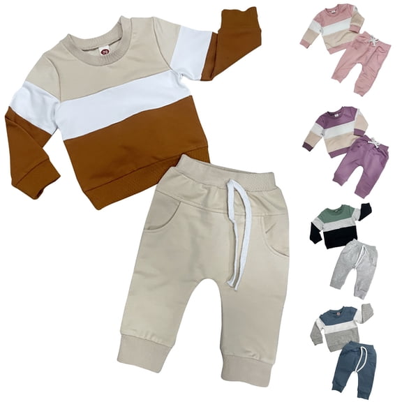 newwalpole Kid Toddler Boy Clothes Color Block Sweatshirt and Casual Pants 2Pcs Boys Fall Winter Outfits Blue for Size 18-24 Mouths