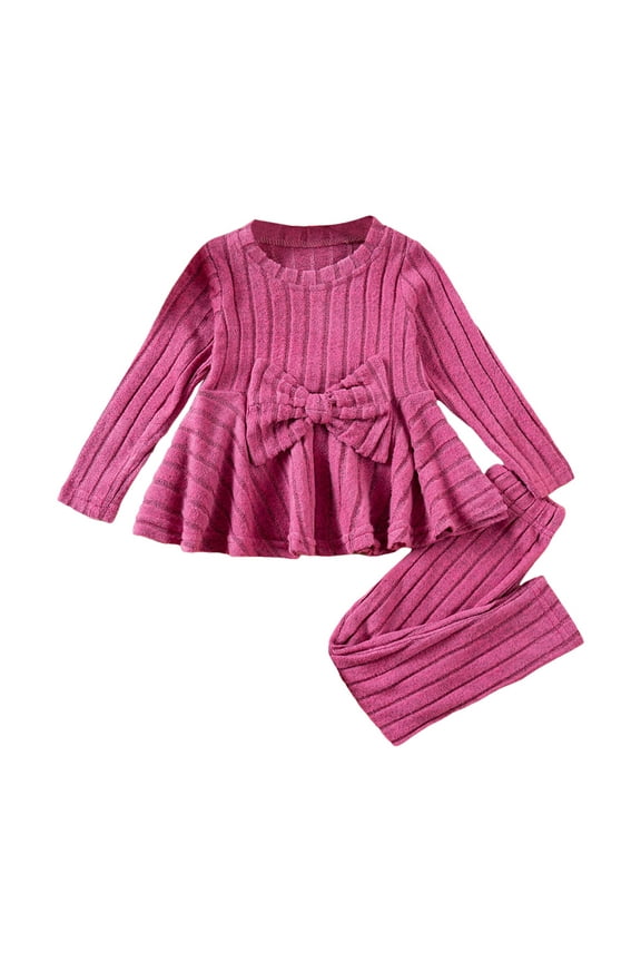 Kid Toddler Girl Clothes Bowknot Ruffle Sleeve Top Solid Color Pants Fall Winter Outfit Set Hot Pink for Size 2-3 Years