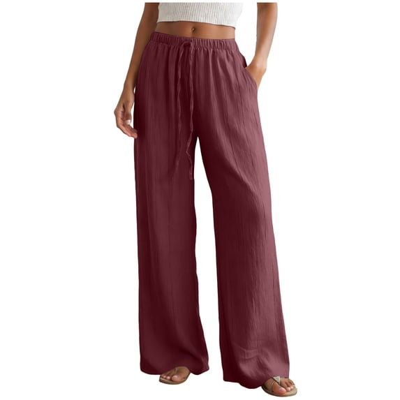 GEWSEY Women High Waisted Crinkle Straight Wide Leg Loose Casual Long Pants (Wine, L)
