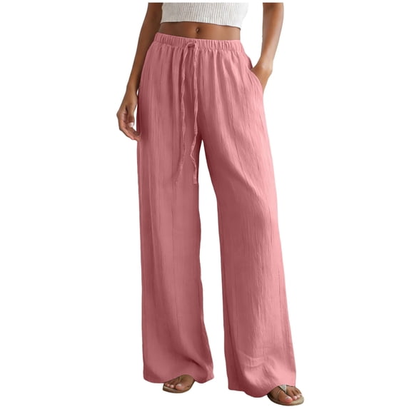 GEWSEY Women High Waisted Crinkle Straight Wide Leg Loose Casual Long Pants (Pink, XS)