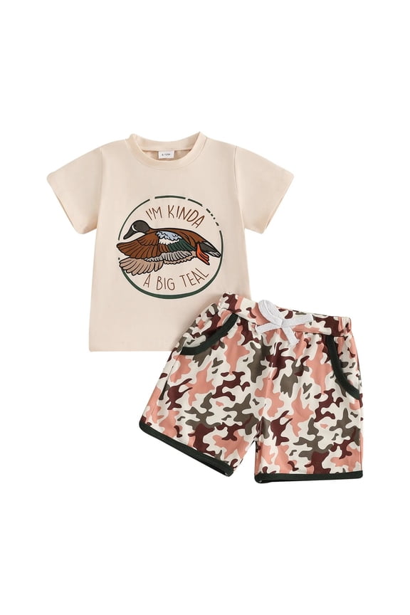 Kids Baby Boys Hunter Clothes Mallard Short Sleeve T-shirt Casual Shorts 2Pcs Toddler Hunting Baby Outfit Beige for Size 12-18 Months