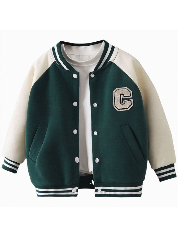 Kids Baseball Jackets Boys and Girls Varsity Coat Buttons Cardigan Letter Sport Letterman School Jacket(Green,18-24 Months)