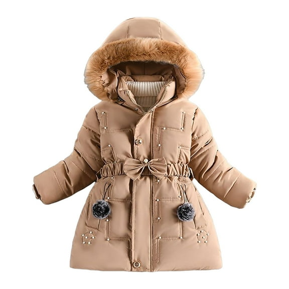 newwalpole Kids Full Zip Puffer Jacket Toddler Long Windbreaker Faux Fur Hooded Padded Puffer Jacket Winter Girls Thickened Overcoat Khaki for Size 7-8 Years