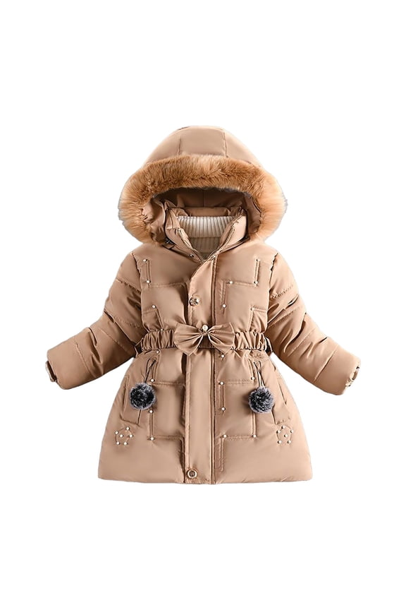 Kids Full Zip Puffer Jacket Toddler Long Windbreaker Faux Fur Hooded Padded Puffer Jacket Winter Girls Thickened Overcoat Khaki for Size 7-8 Years