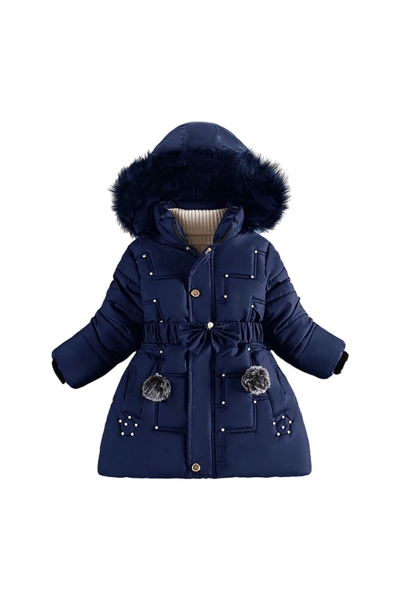 Kids Full Zip Puffer Jacket Toddler Long Windbreaker Faux Fur Hooded Padded Puffer Jacket Winter Girls Thickened Overcoat Navy for Size 6-7 Years