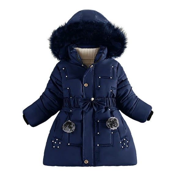 newwalpole Kids Full Zip Puffer Jacket Toddler Long Windbreaker Faux Fur Hooded Padded Puffer Jacket Winter Girls Thickened Overcoat Navy for Size 7-8 Years