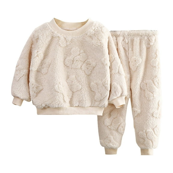 newwalpole Kids Fuzzy Sweater Pants Set 2 Piece Padded Warm Winter Plush Pullover Tops Joggers Pants Outfits Toddler Fleece Clothes Beige for Size 5-6 Years
