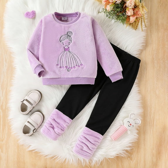 newwalpole Kids Girls Long Sleeve Color Block Sweatsuit Sets Crewneck Casual Sweatpants 2 Piece Outfits Sweatshirt and Pants Light Purple for Size 3-4 Years