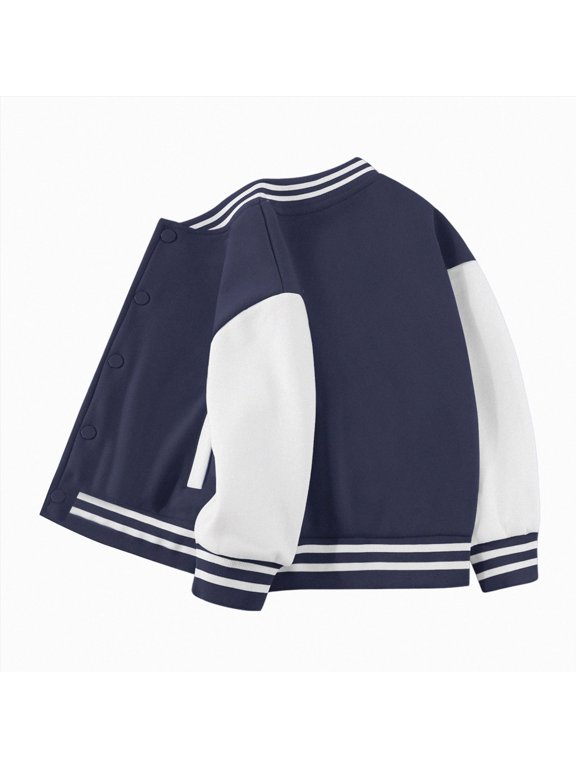 Kids Varsity Jacket Girls Boys Baseball Jacket Bomber Coat School Uniform with Pocket(Dark Blue,5-6 Years)
