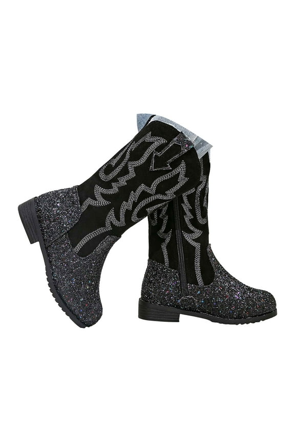 Kids Western Boots for Boys Girls Embroidered Cowgirl Cowboy Boots Square Toe Mid Calf Riding Shoes Little Kid/Big Kid Black for Size 10