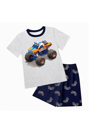 Little Boys Pajamas 100% Cotton Pjs for Boys Toddler Monster Truck Sleepwear Short Sets Kids Summer Clothes 3-10T (Grey,6-7 Years)