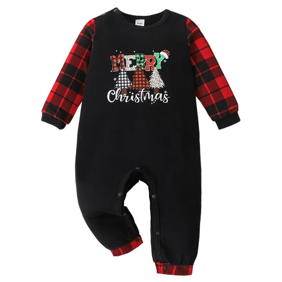 newwalpole My 1st Christmas Baby Boy Outfit Merry Christmas Romper Plaid Sleeve Jumpsuit Infant One-piece Clothes Black for Size 18-24 Months