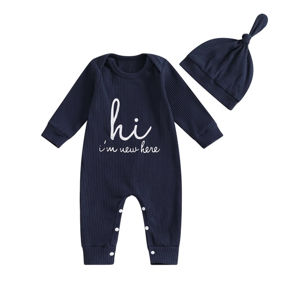 newwalpole Newborn Baby Boy Romper Coming Home Outfits Letter Print Bodysuit Jumpsuit+Hat 2PCS Clothes Set Black for Size 6-12 Months
