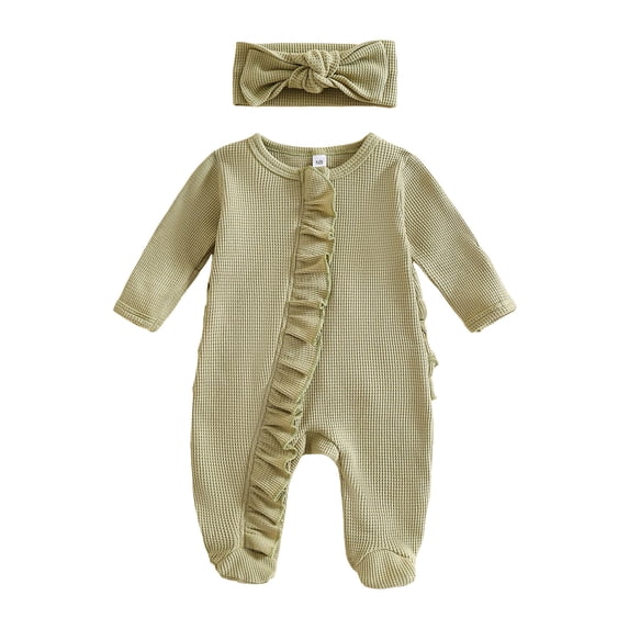 newwalpole Newborn Baby Girl Boy Christmas Outfit Long Sleeve Light String Footie Romper Waffle Jumpsuit Headband/Hat Light Green for Size 6-12 Months