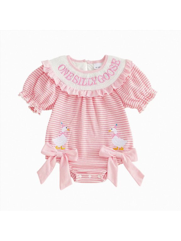 Newborn Baby Girl Summer Clothes Short Sleeve Bubble Romper Bow Embroidery Smocked Outfits Infant Girl (Red, 6-12 Months)