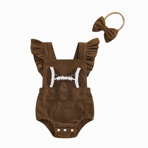 newwalpole Newborn Football Romper Baby Girl Corduroy Overalls Infant Football Onesie Bodysuit Game Day Outfit with Headband (Coffee, 3-6 Months)