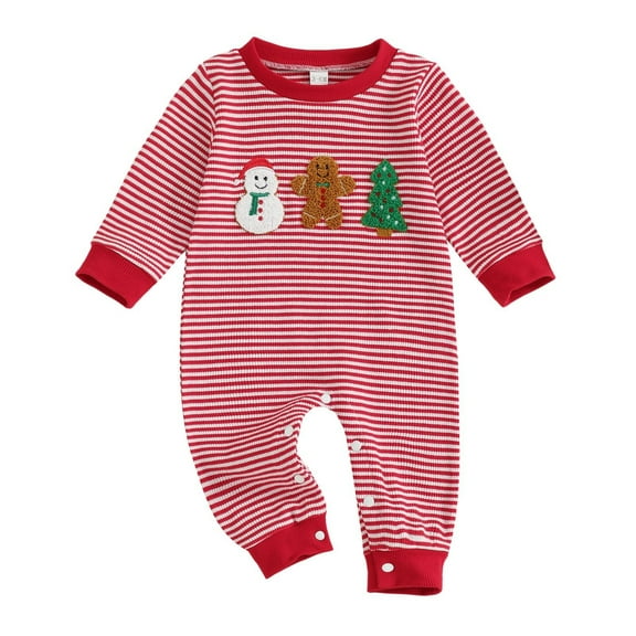 newwalpole Newborn Infant Baby Boy Girl Christmas Jumpsuit Long Sleeve One Piece Striped Romper Smocked Outfit Holiday Clothes Watermelon Red for Size 0-3 Months