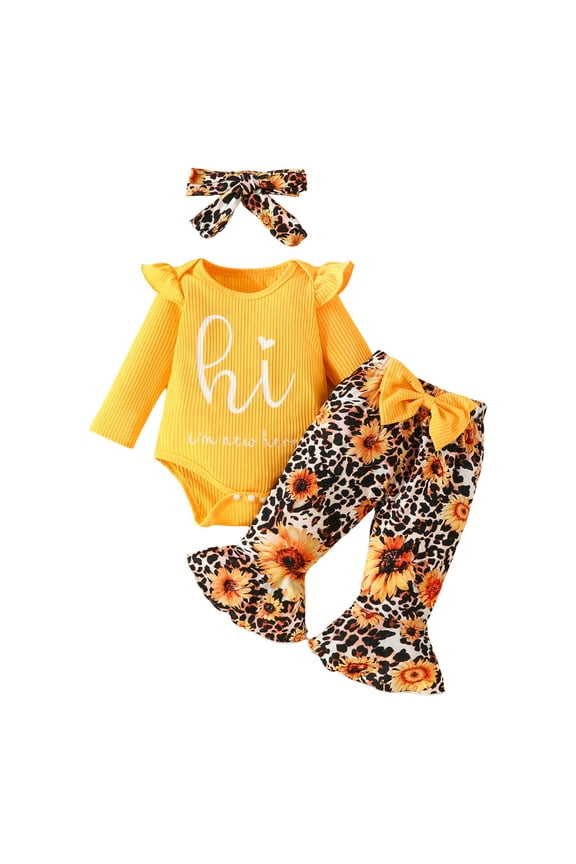Newborn Infant Girl Clothes Rib Knit Romper Daisy Print Pants Headband Baby Clothes for Girls 0 3 6 12 18 24 Months Yellow for Size 0-3 Months
