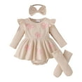 thumbnail image 1 of newwalpole Newborn Infant Patterned Lace Ruffle Romper with Matching Socks and Headband Ribbed Baby Bodysuit Sets Beige for Size 6-12 Months, 1 of 9