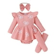 thumbnail image 1 of newwalpole Newborn Infant Patterned Lace Ruffle Romper with Matching Socks and Headband Ribbed Baby Bodysuit Sets Pink for Size 12-18 Months, 1 of 9