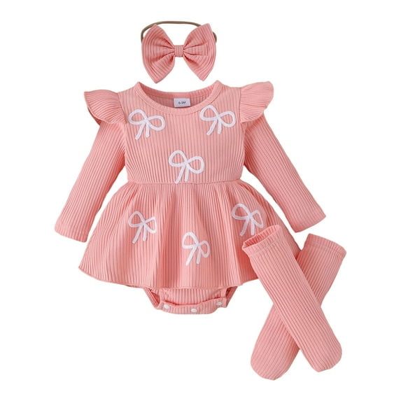 newwalpole Newborn Infant Patterned Lace Ruffle Romper with Matching Socks and Headband Ribbed Baby Bodysuit Sets Pink for Size 12-18 Months