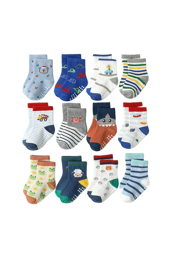 Non-Slip Toddler Socks With Grips 12 Pairs Kids Anti Slip Sticky Socks For Infant 6-12 Months 1-10 Years Kids Toddler Slipper Socks for Size 1-3 Years