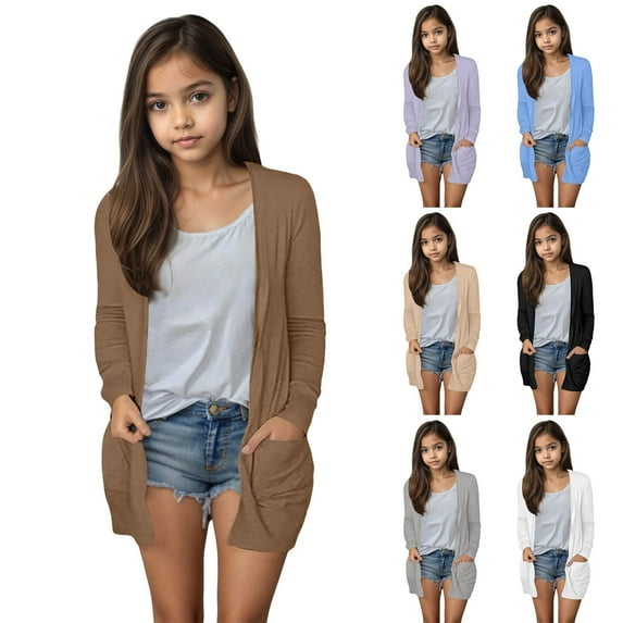 newwalpole Open Cardigans for Girl 5-14Y Long Sleeve Knit Sweater Cardigans Solid Lightweight Draped Long Cardigans with Pocket Beige for Size 11-12 Years